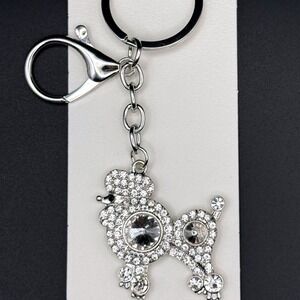 Crystal Rhinestone Poodle Dog Keychain Silver Tone Bag Charm Accessory